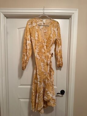 H&M Mustard and White Abstract Print Wrap Midi Dress